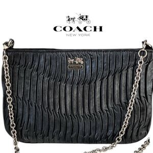 Coach Madison Gathered Leather Zip Crossbody Clutch Black Silver Bag Purse